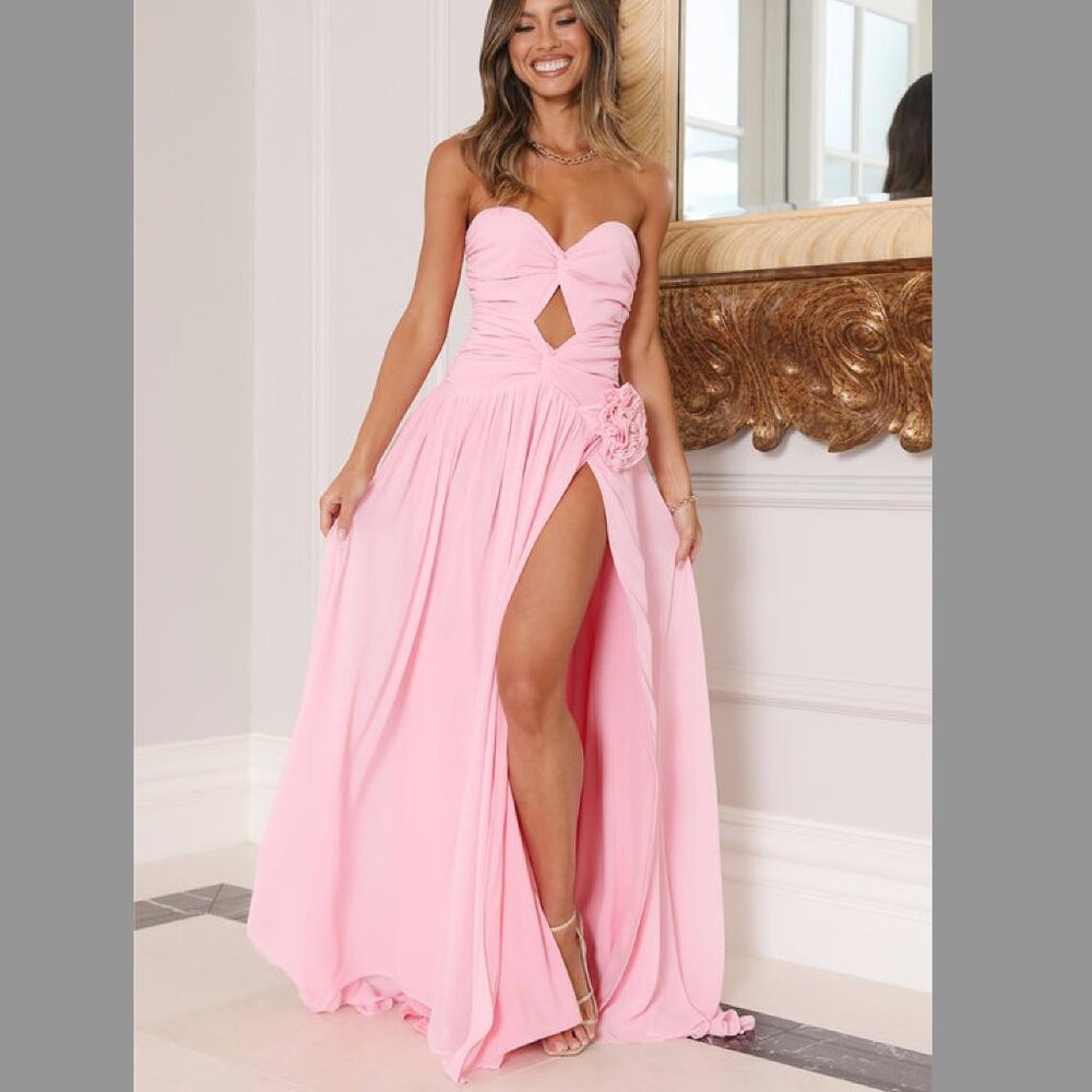 Hello Molly NWT Pink Rosette Gown Maxi Dress Strapless Cutout Cocktail Sz L US 8